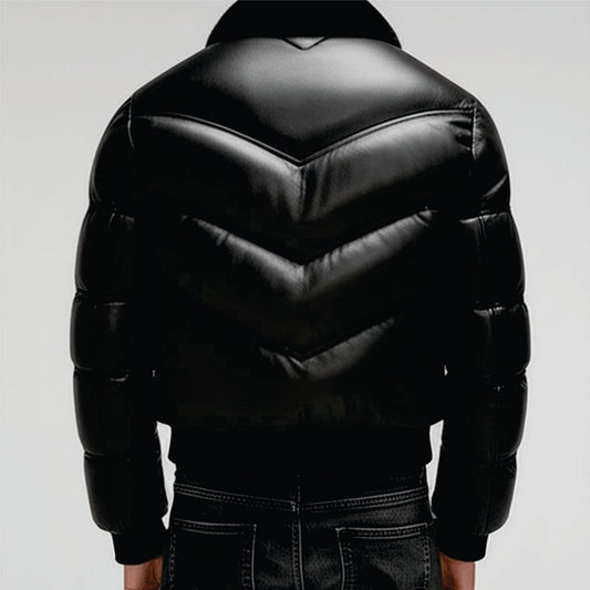 Men's Black Lambskin Leather Puffer Jacket: Quilted Down Winter Coat