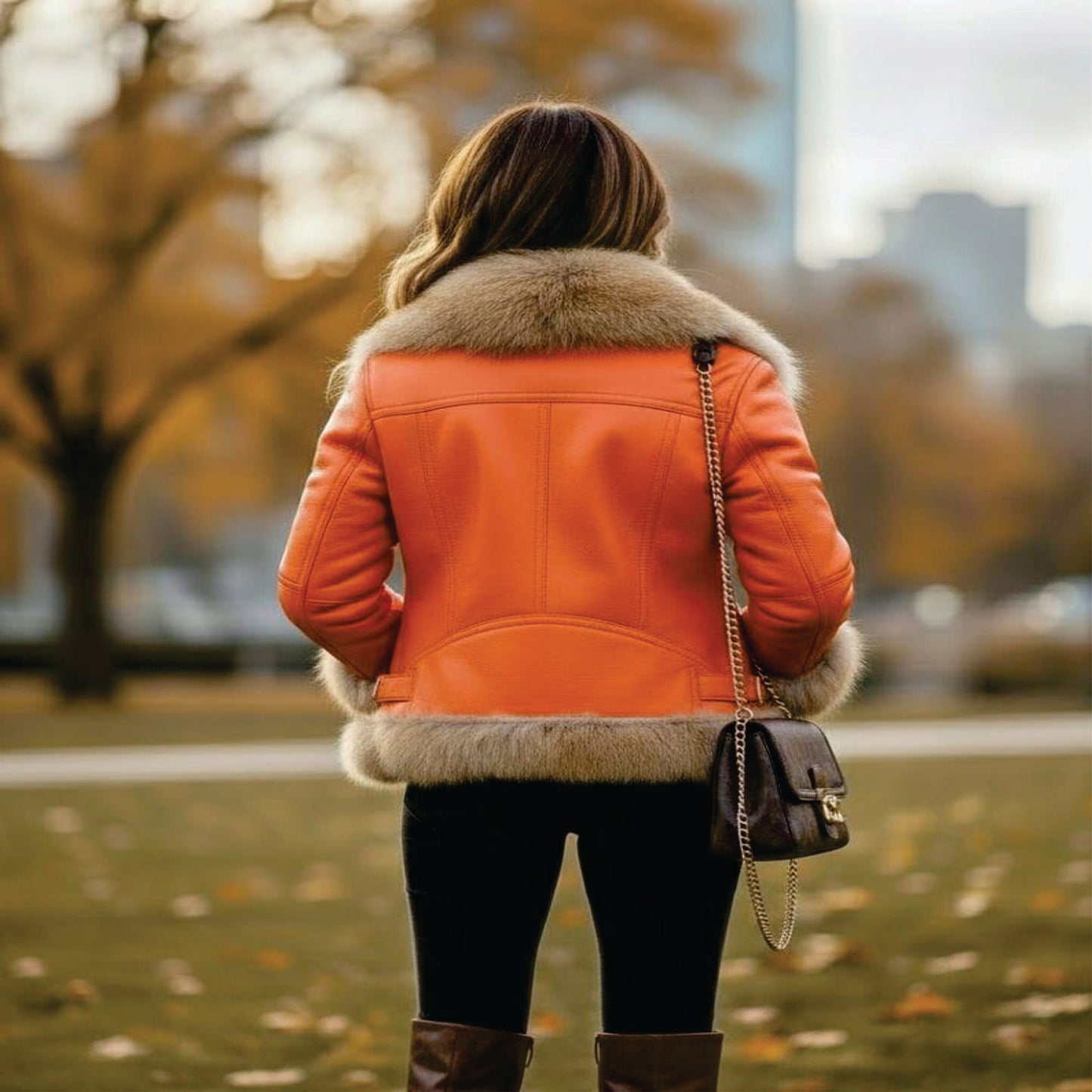 Womens Orange Leather Coat with Real Fox Fur – Luxury Winter Jacket