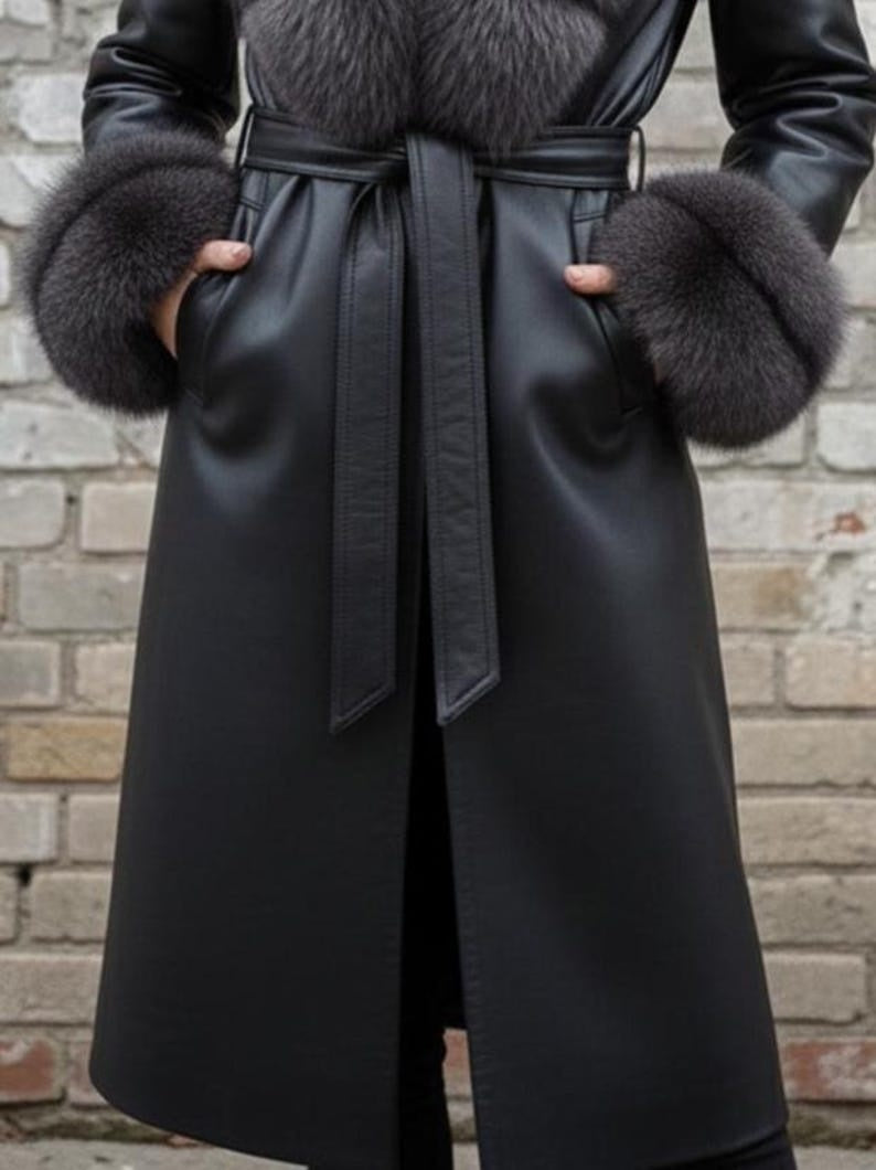 Black Leather Fur Long Coat | Luxury Winter Outerwear