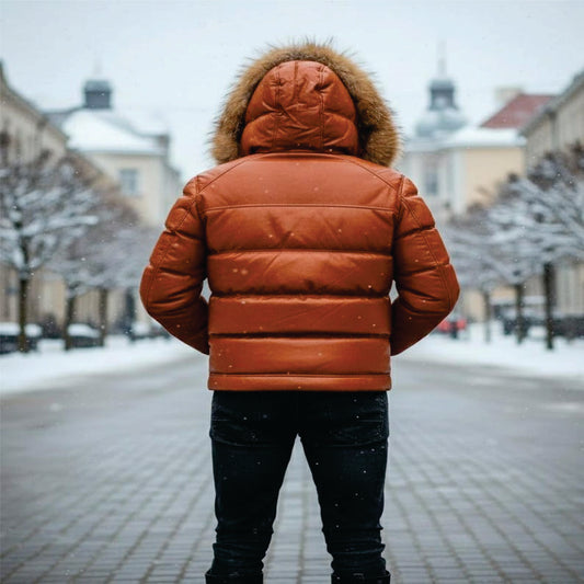 Men's Puffer Leather Jacket with Real fox Fur Hood,lederjacken herren