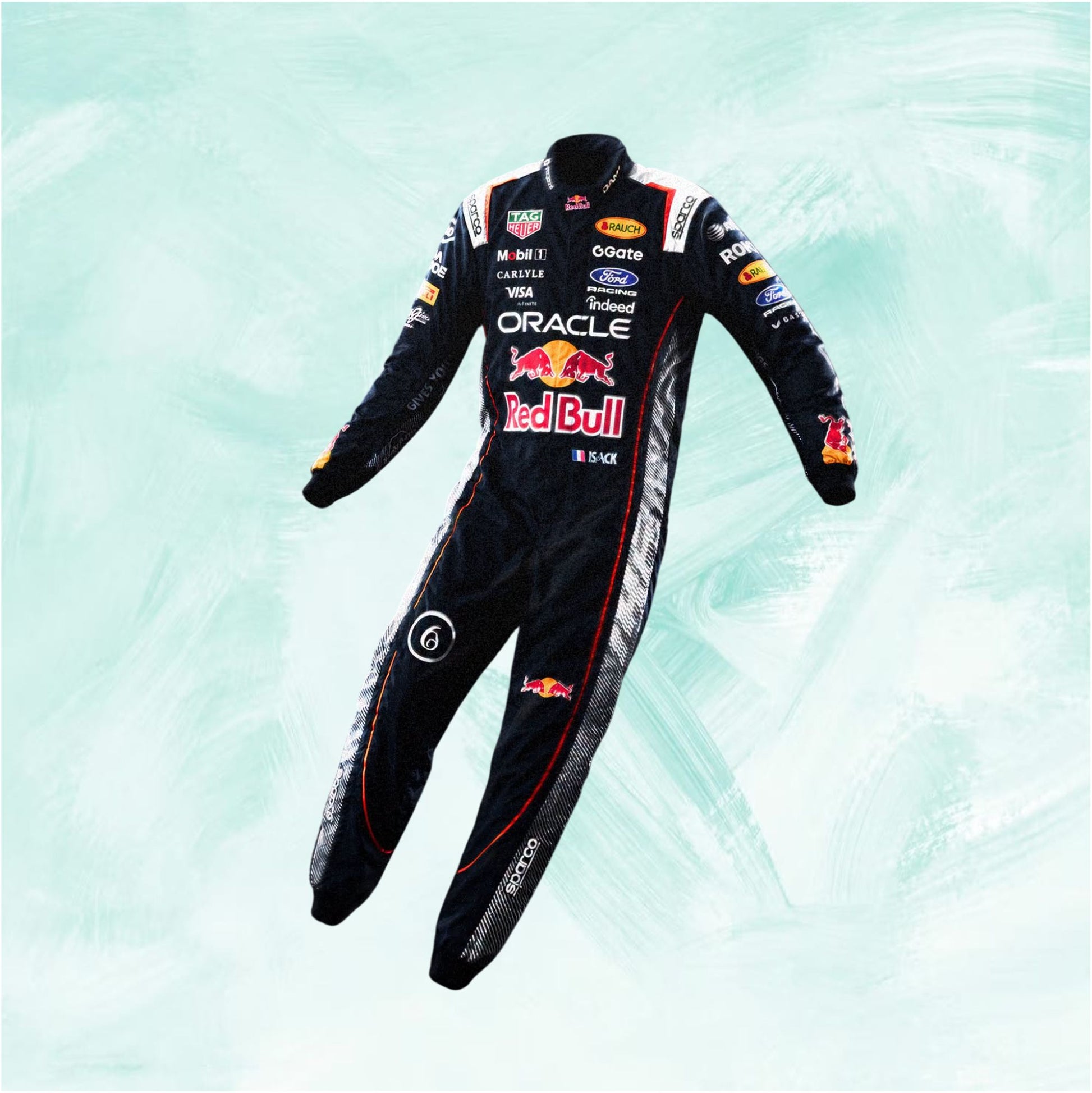 A full-length black Red Bull Racing driver suit with multiple sponsor logos, including Oracle, Castor, Ford, and TAG Heuer, shown against a light mint-green textured background.