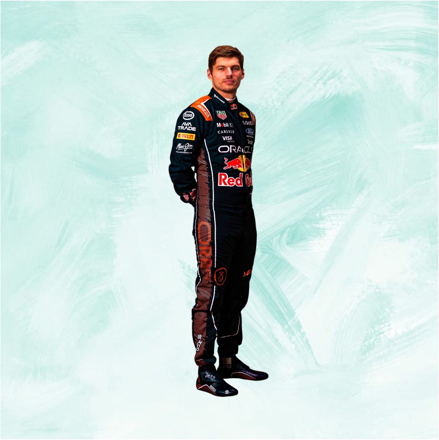 A man wearing a full Red Bull Racing driver suit stands against a light mint-green textured background. The suit is predominantly black with orange, white, and red sponsor logos and graphics, including Red Bull, Castor, and Toro Rosso.