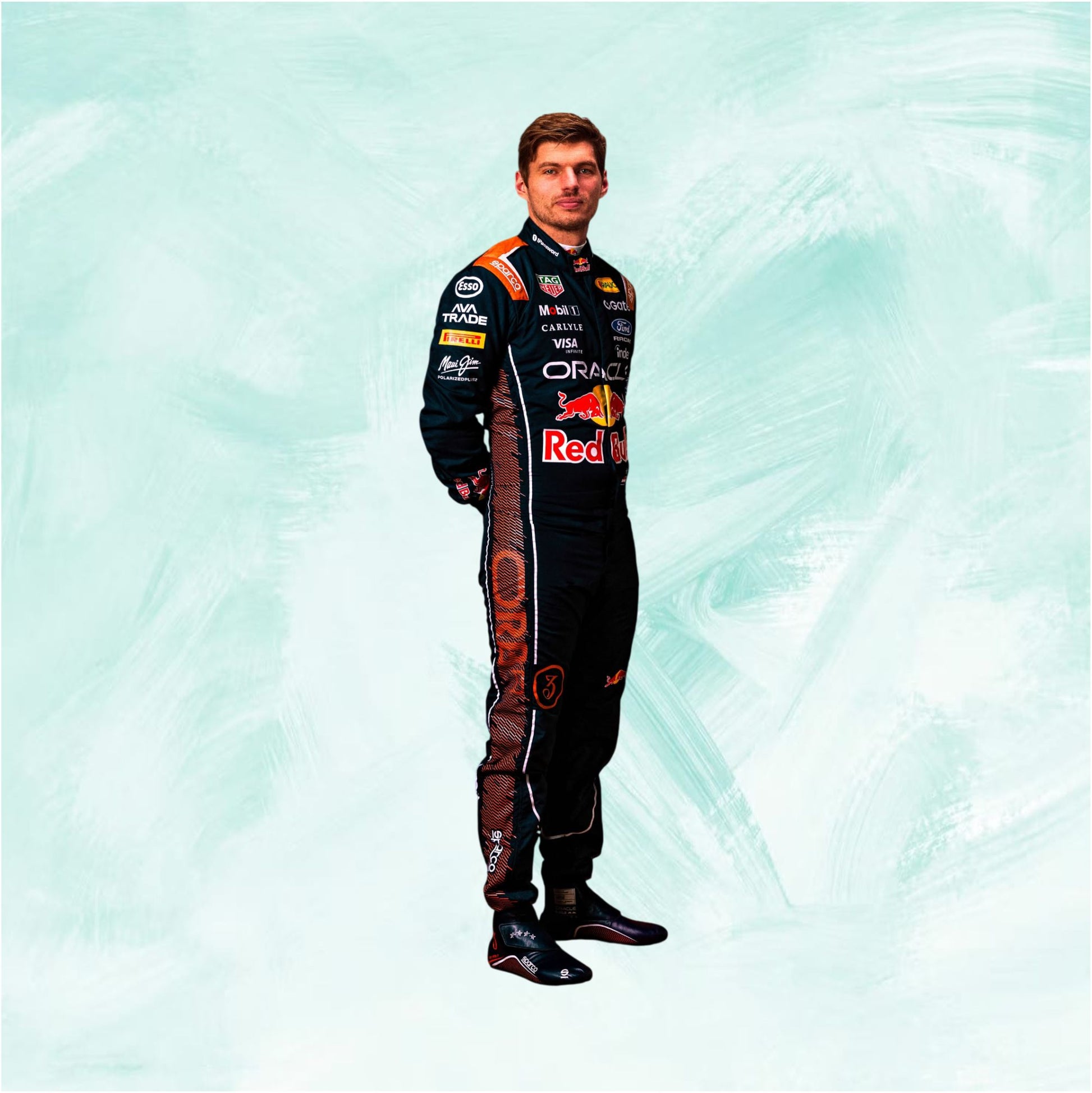 A man wearing a full Red Bull Racing driver suit stands against a light mint-green textured background. The suit is predominantly black with orange, white, and red sponsor logos and graphics, including Red Bull, Castor, and Toro Rosso.