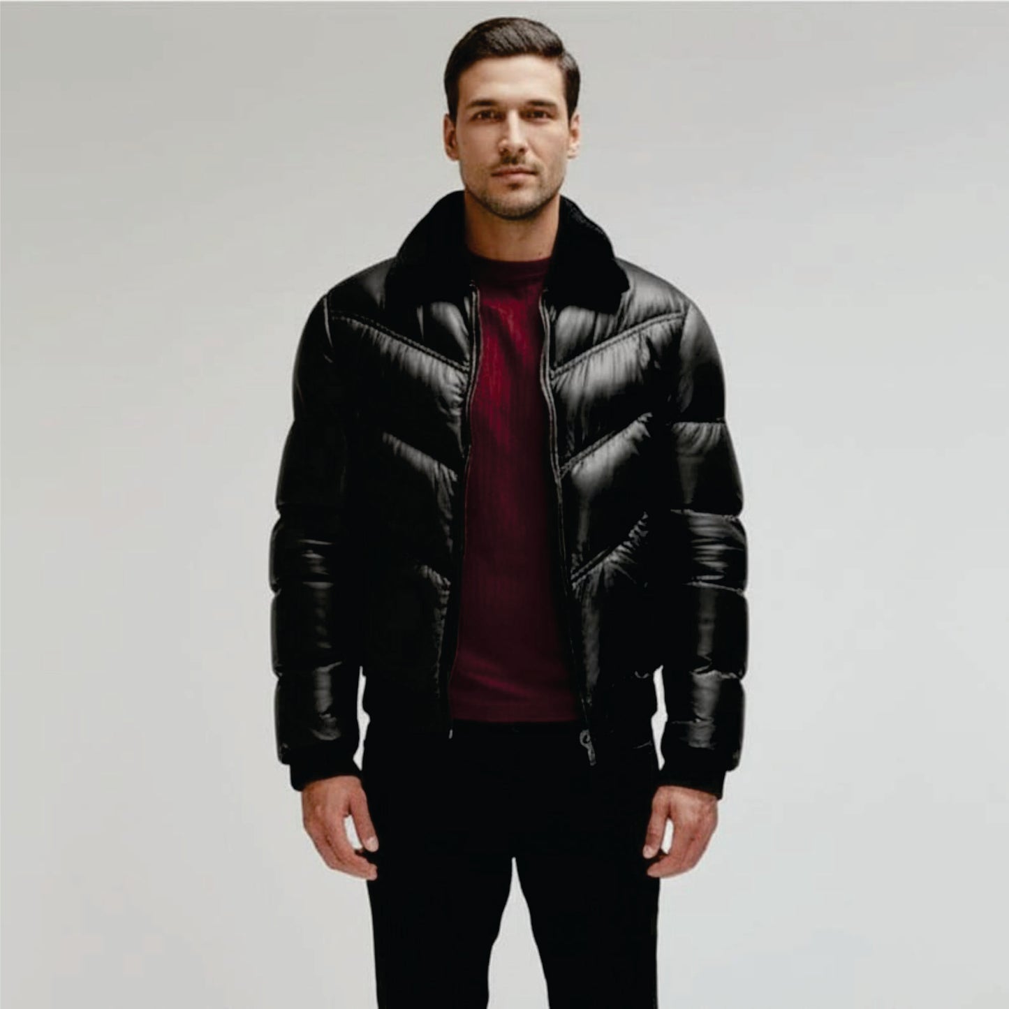 Men's Black Lambskin Leather Puffer Jacket: Quilted Down Winter Coat