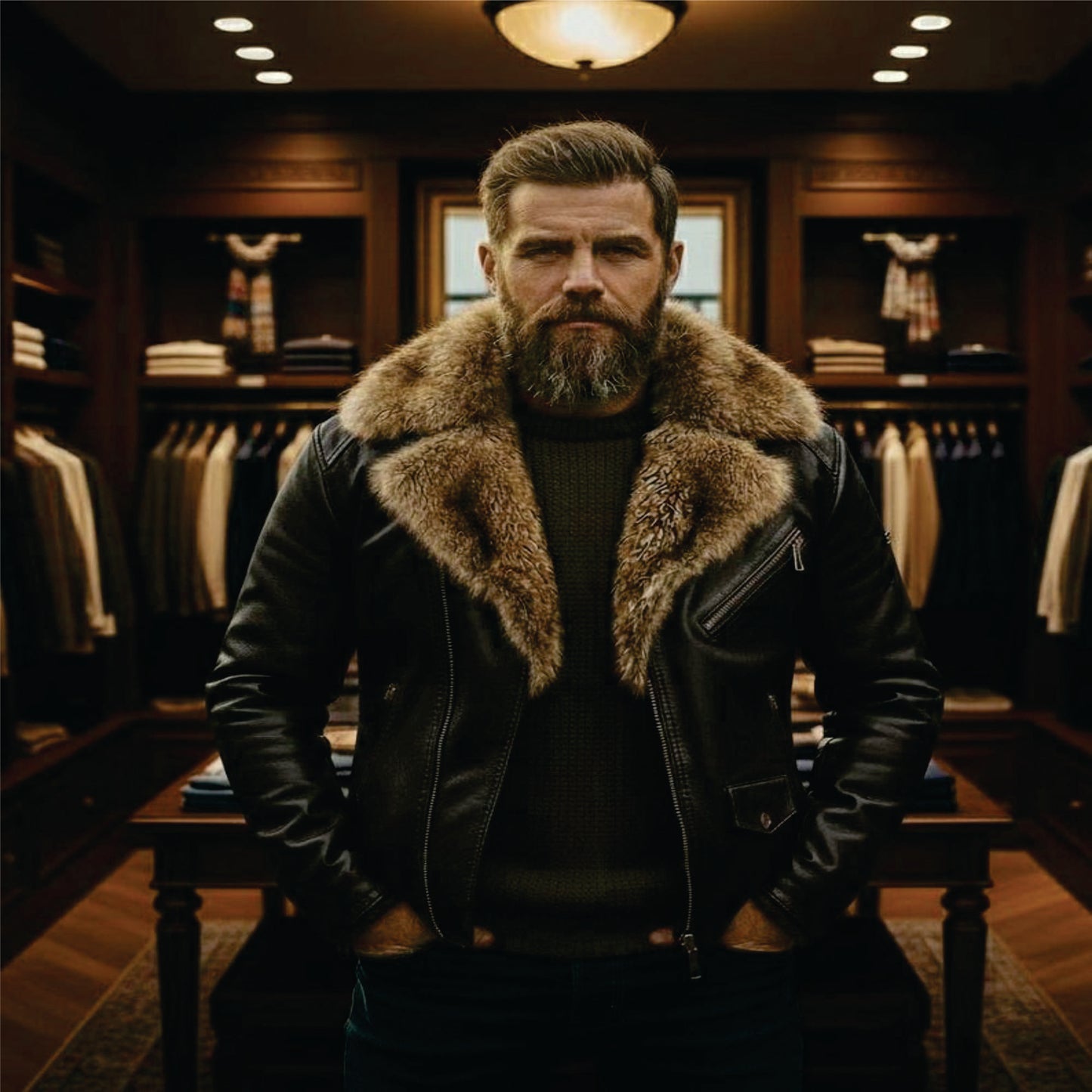 Black Leather Jacket with Real Fox Fur Stylish outwear
