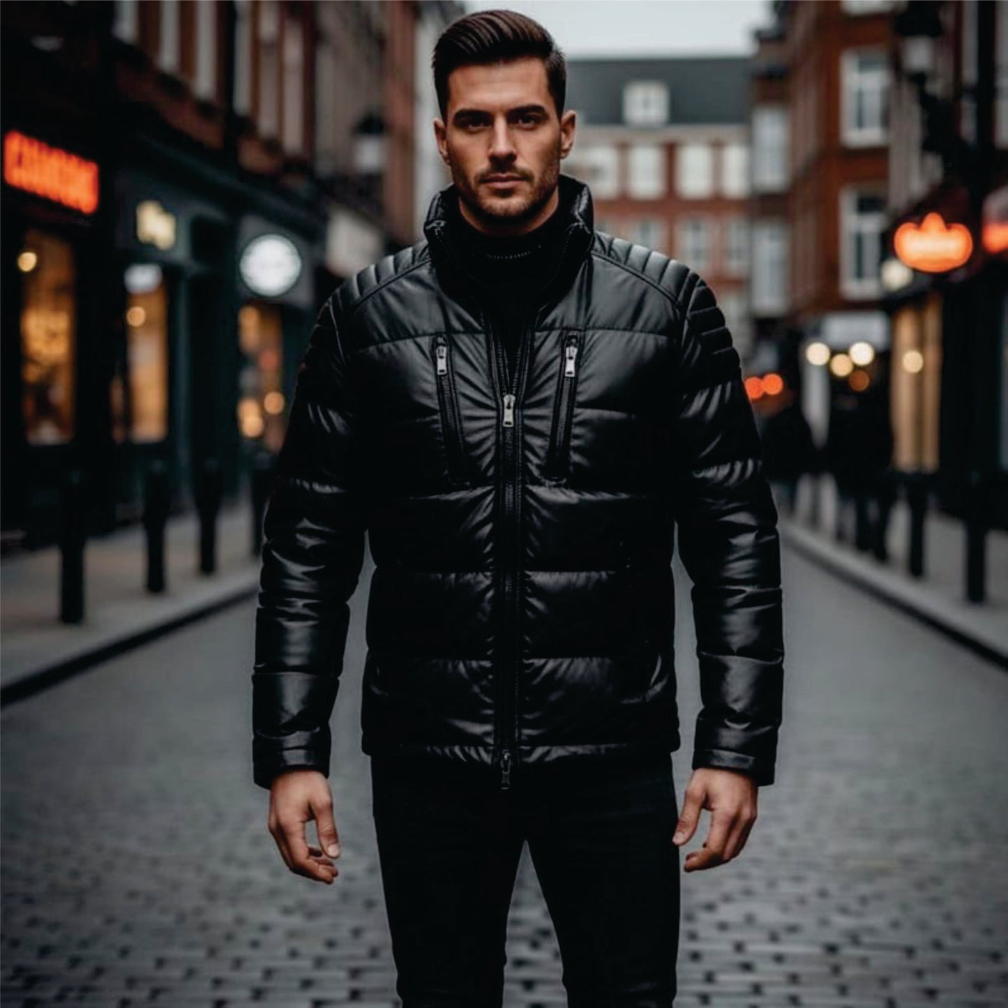 Black Puffer Leather Biker Jacket: Winter Warm Quilted Coat