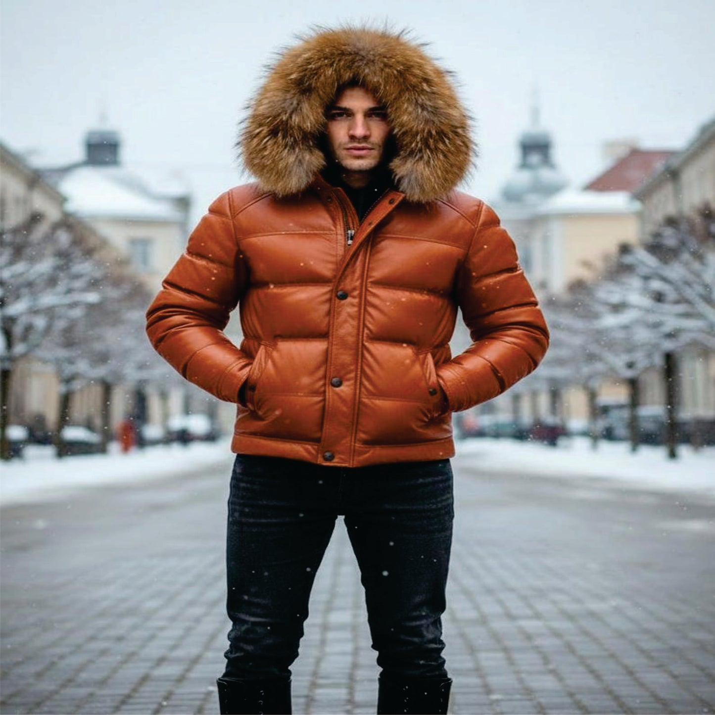 Men's Puffer Leather Jacket with Real fox Fur Hood,lederjacken herren