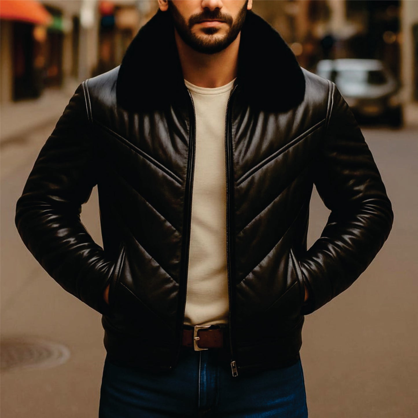 Men's Black Lambskin Leather Puffer Jacket: Quilted Down Winter Coat