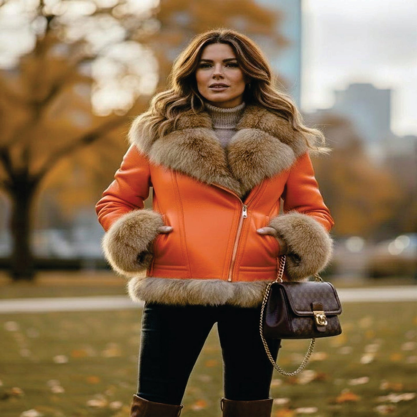 Womens Orange Leather Coat with Real Fox Fur – Luxury Winter Jacket
