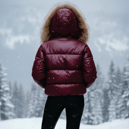 Women's Puffer Leather Jacket with Real fox Fur Hood,lederjacken herren