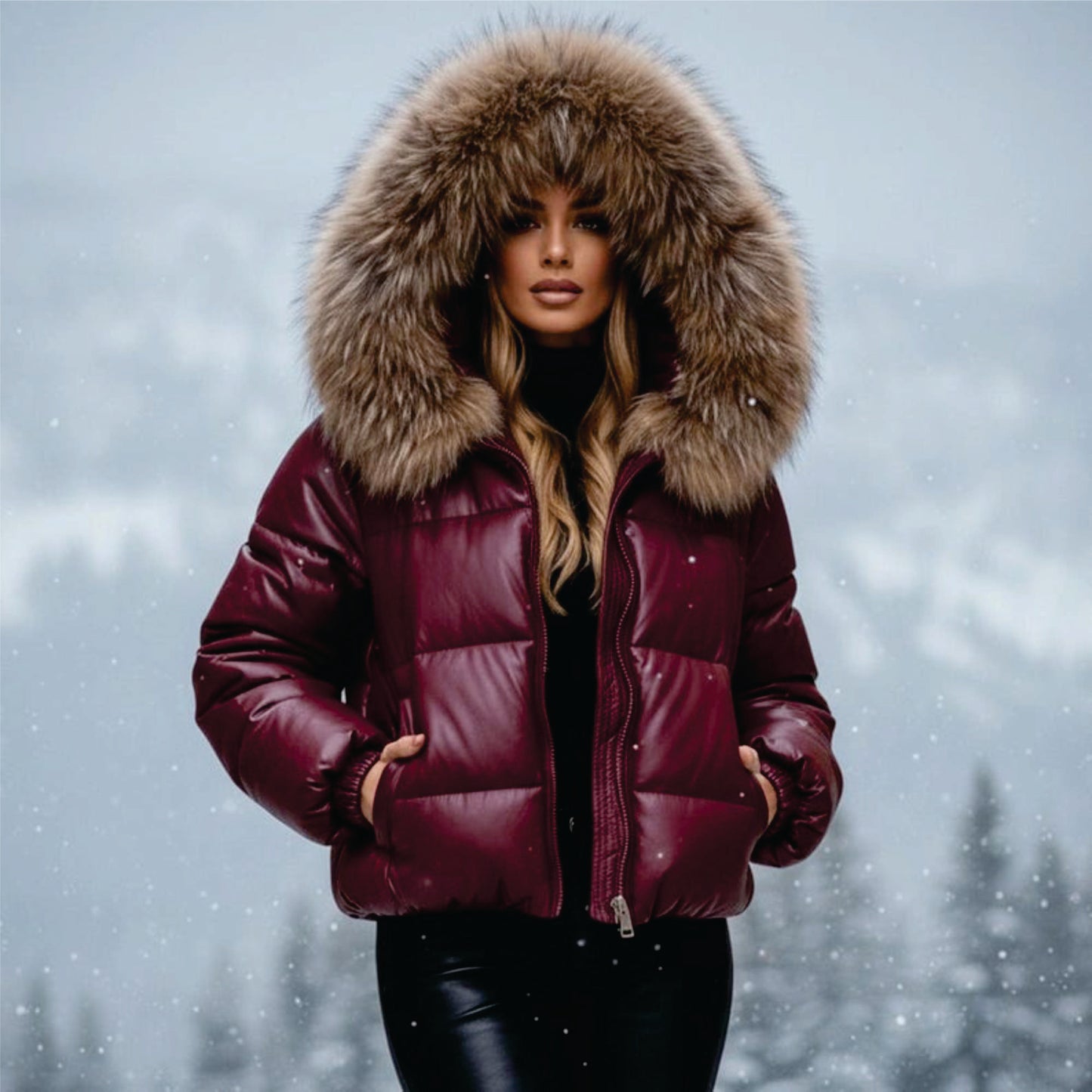 Women's Puffer Leather Jacket with Real fox Fur Hood,lederjacken herren