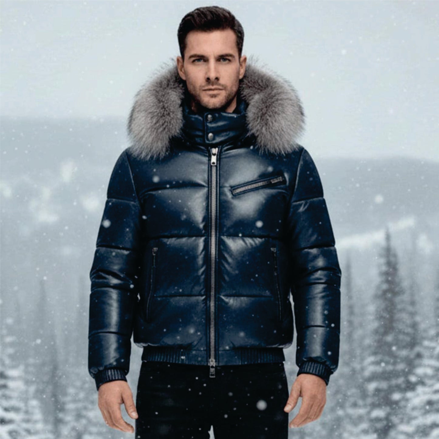 Men’s Leather Puffer Jacket with Faux Fur Hood – Winter Warm Padded Coat