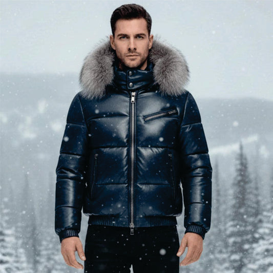 Men’s Leather Puffer Jacket with Faux Fur Hood – Winter Warm Padded Coat