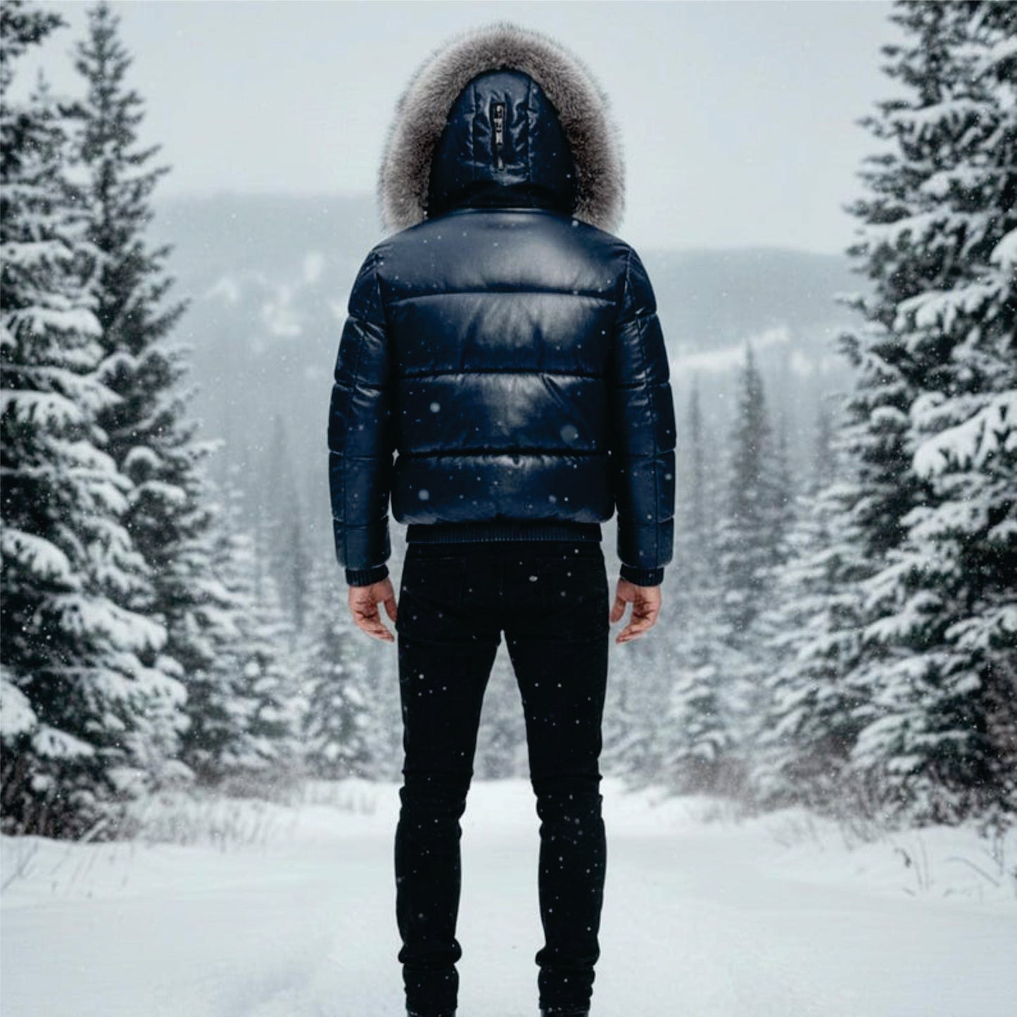Men’s Leather Puffer Jacket with Faux Fur Hood – Winter Warm Padded Coat