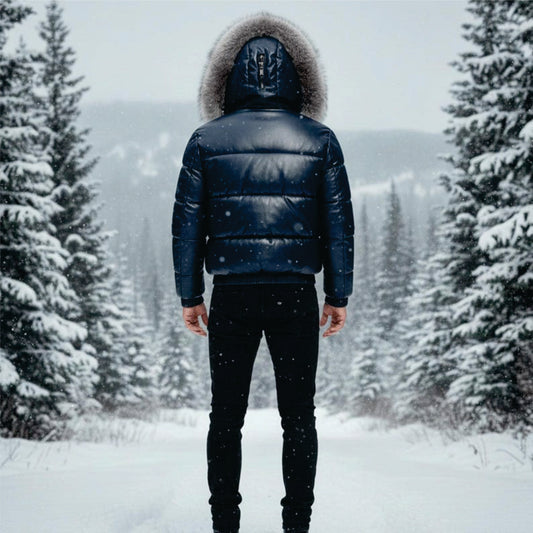 Men’s Leather Puffer Jacket with Faux Fur Hood – Winter Warm Padded Coat