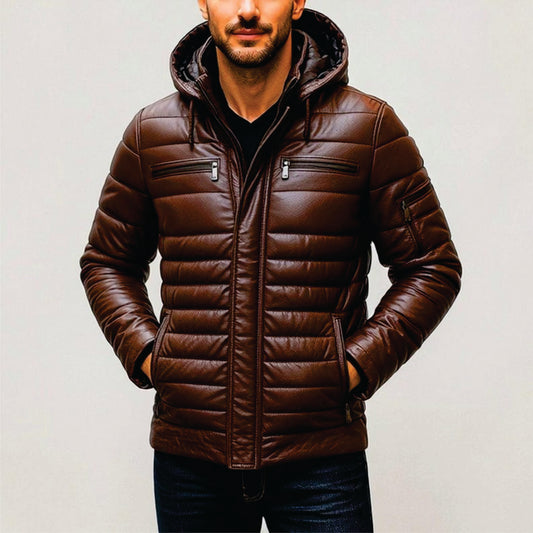 Men's Puffer Jacket Dark Chocolate Brown Quilted Hooded Biker Coat
