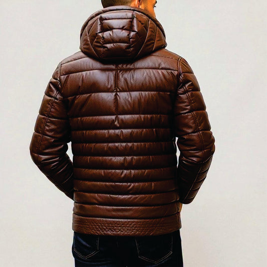 Men's Puffer Jacket Dark Chocolate Brown Quilted Hooded Biker Coat