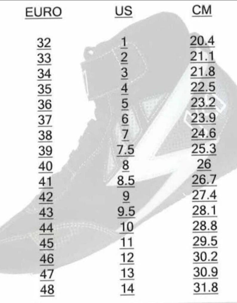 Shoe size chart with Euro, US, and CM measurements on a shoe silhouette background.