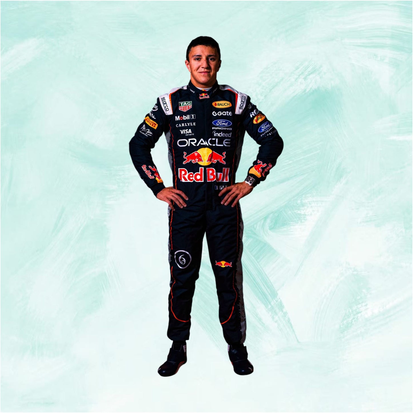 A full-body portrait of a male race driver wearing a Red Bull Racing suit, standing against a light blue-green textured background. The suit features prominent sponsor logos including Oracle, Ford, Mobil 1, and Visa.