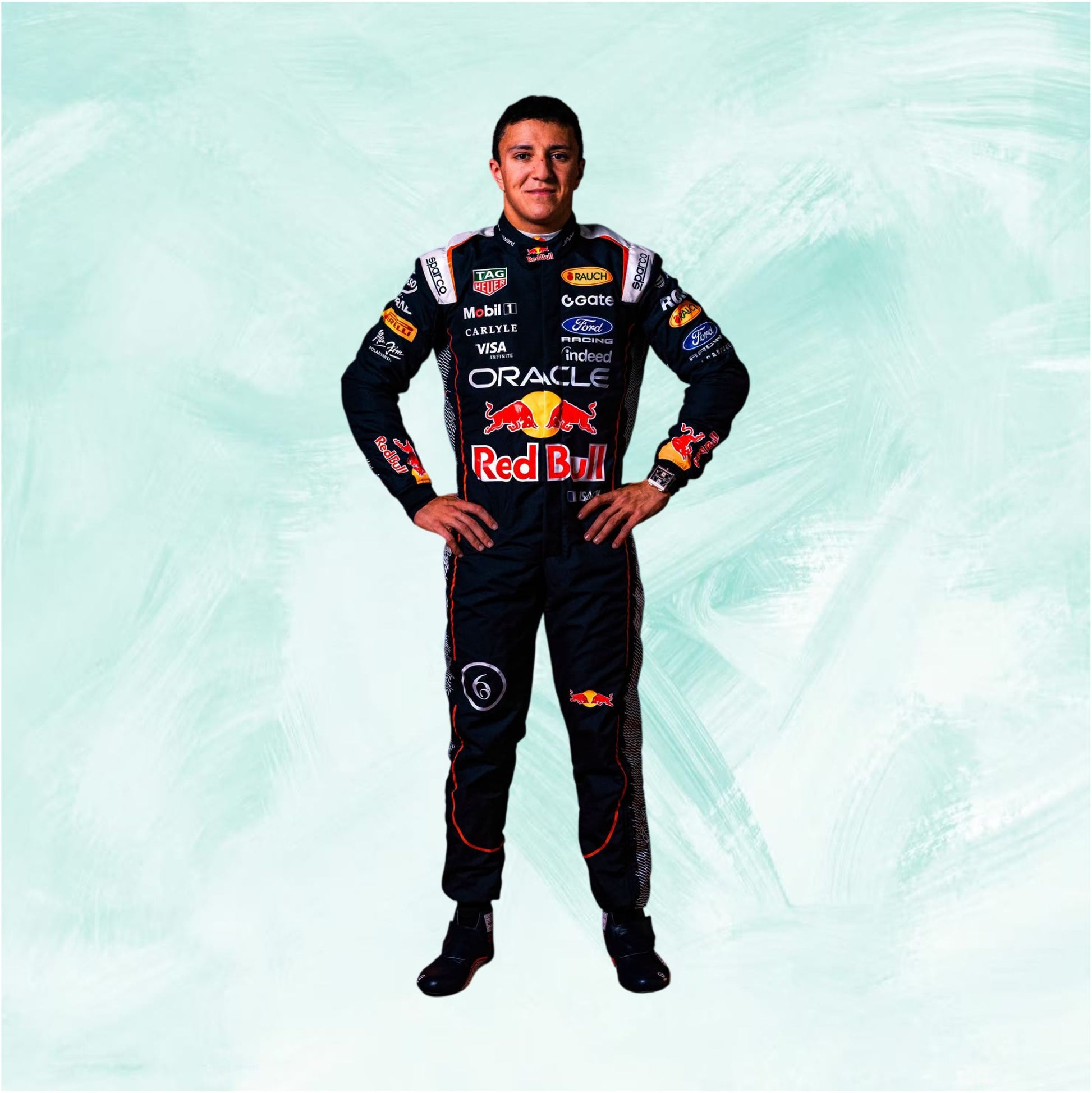 A full-body portrait of a male race driver wearing a Red Bull Racing suit, standing against a light blue-green textured background. The suit features prominent sponsor logos including Oracle, Ford, Mobil 1, and Visa.