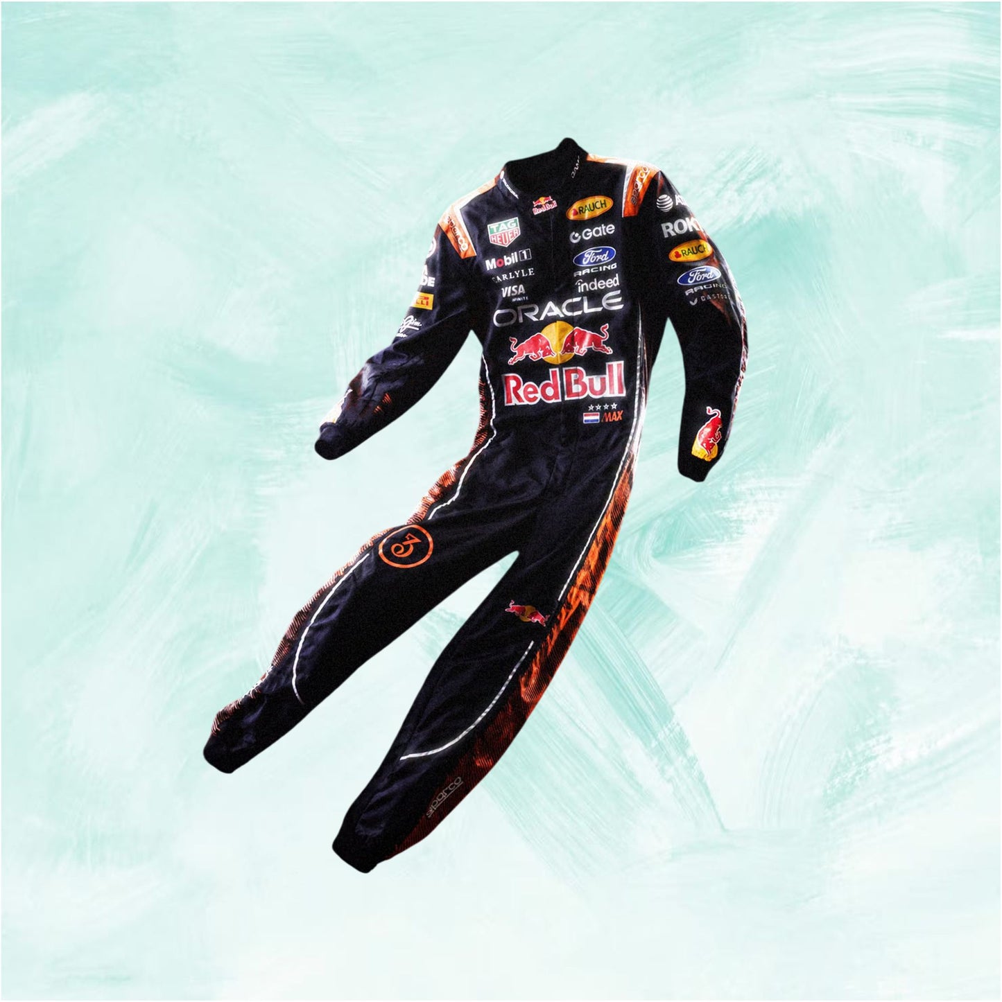 A full-length black racing suit with multiple sponsor logos, including Oracle, Red Bull, Castore, and Ford, shown against a light mint green textured background.