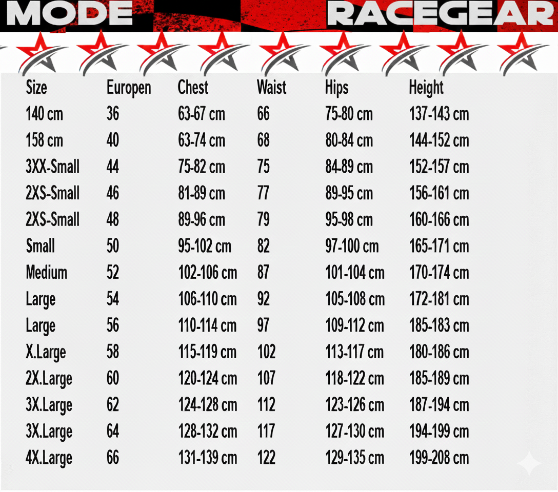 Mode Racegear size chart with measurements for various sizes. Karting suit size chart , f1 suit size chart guide suits sizing chart 