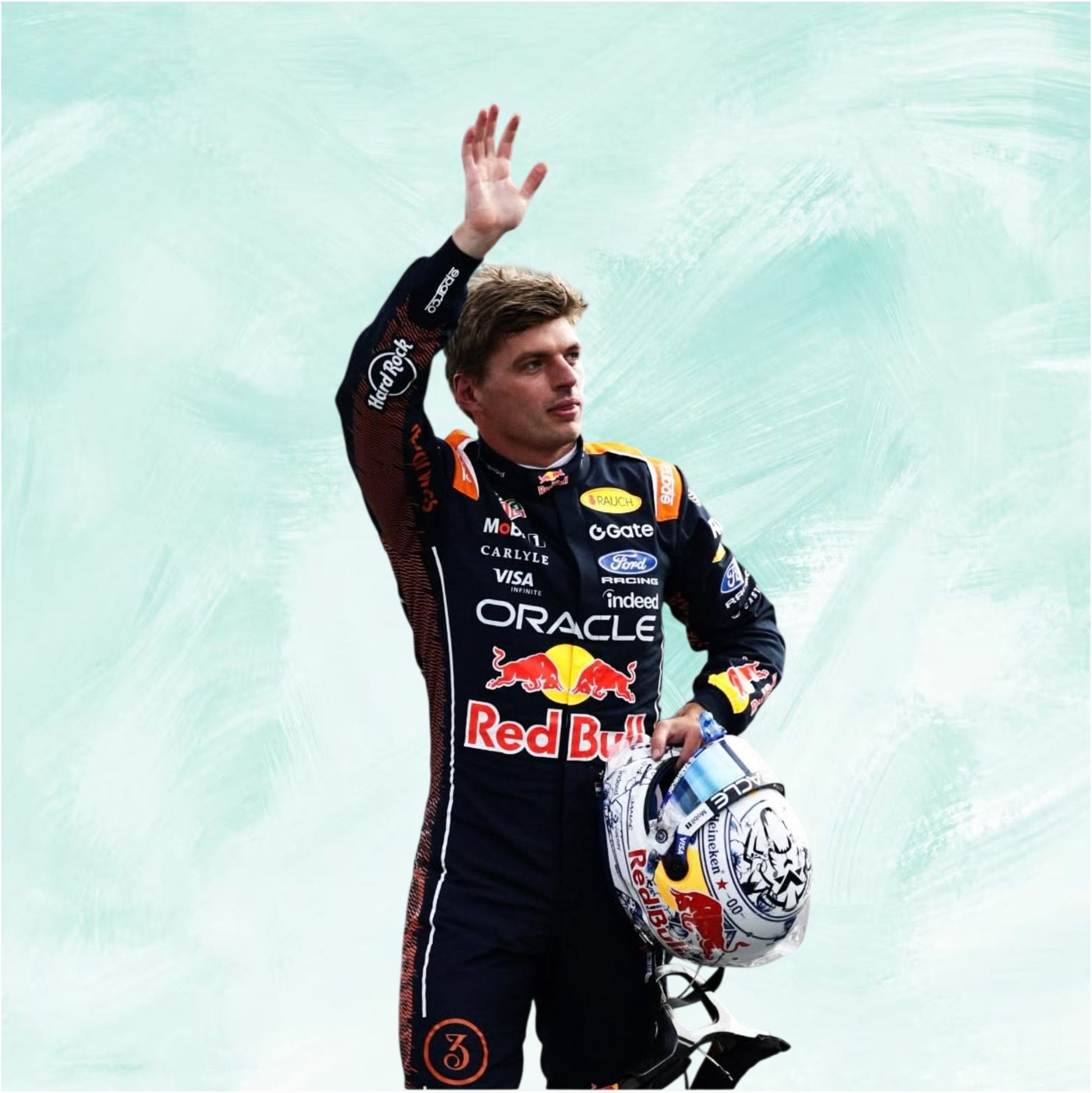A Red Bull Racing driver in a dark racing suit with sponsor logos, waving with one hand while holding a white and red helmet. The background is a textured light aqua/teal wash with no physical product context.