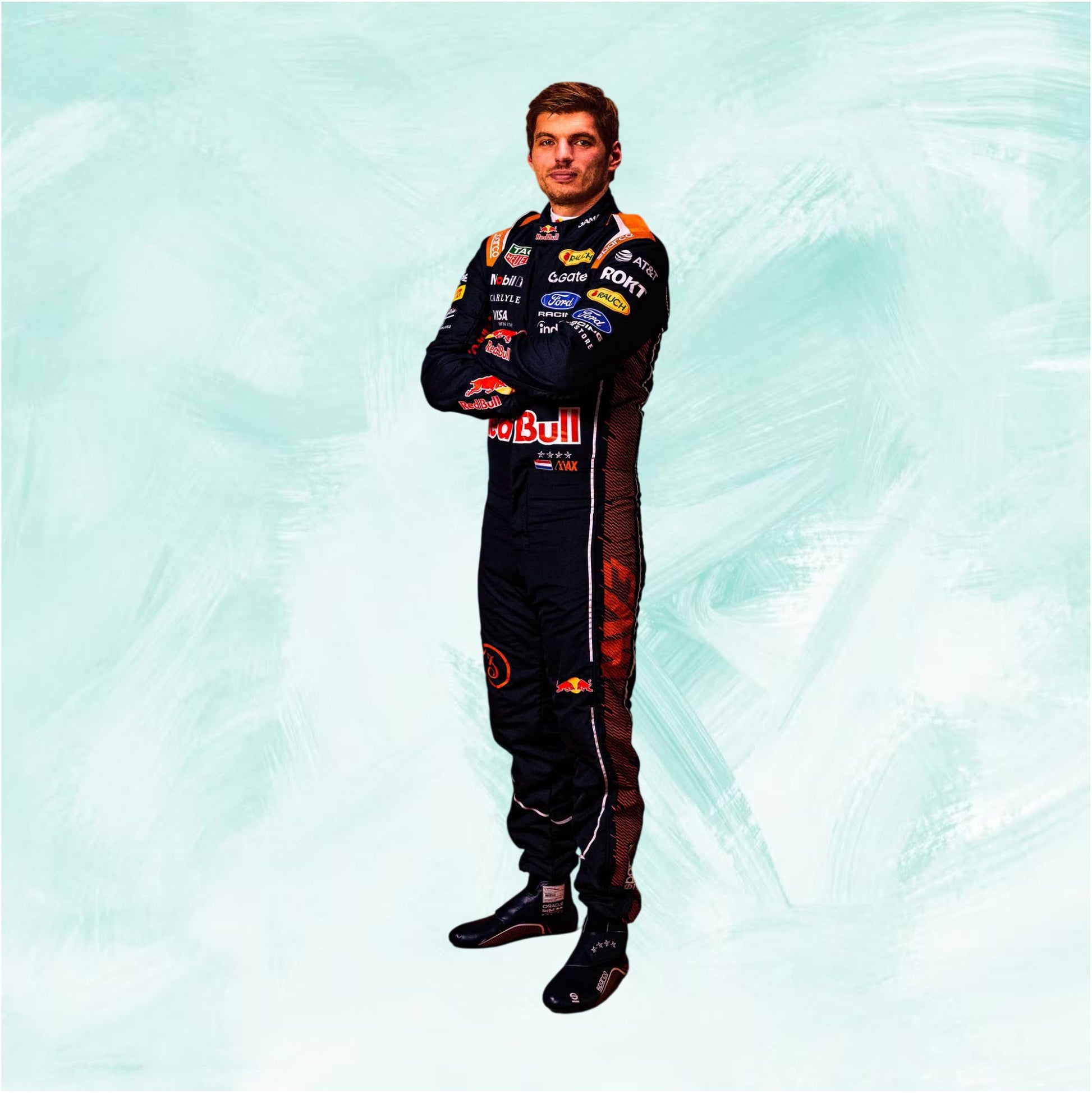 A man in a Red Bull Racing driver suit stands with arms crossed against a light mint green textured background. The suit is black with orange and white sponsor logos, including Red Bull, Castor, and Pirelli.