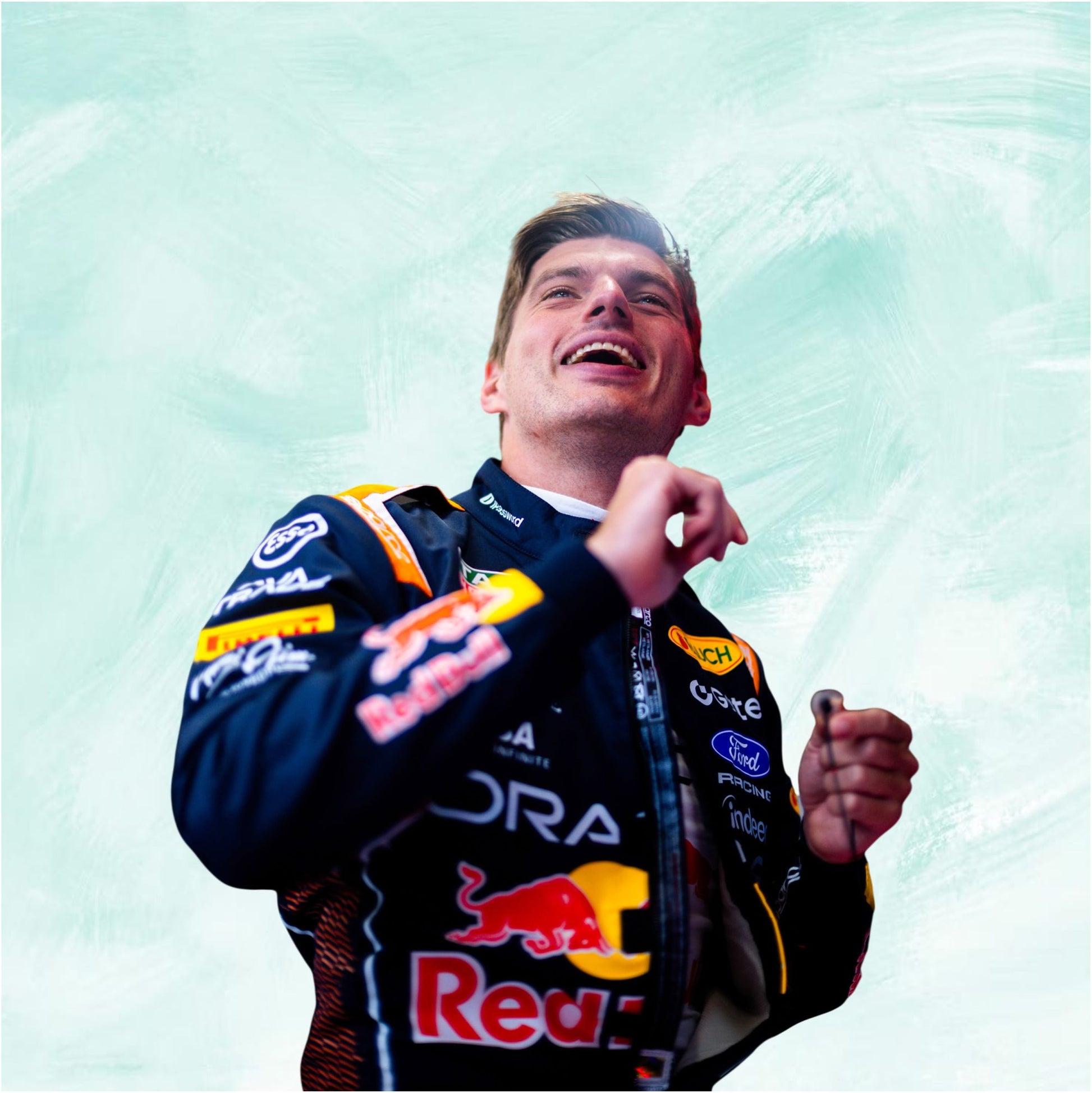 A smiling Red Bull Racing driver in a dark racing suit with prominent Red Bull, Ford, and Castore logos, set against a textured light mint green background.