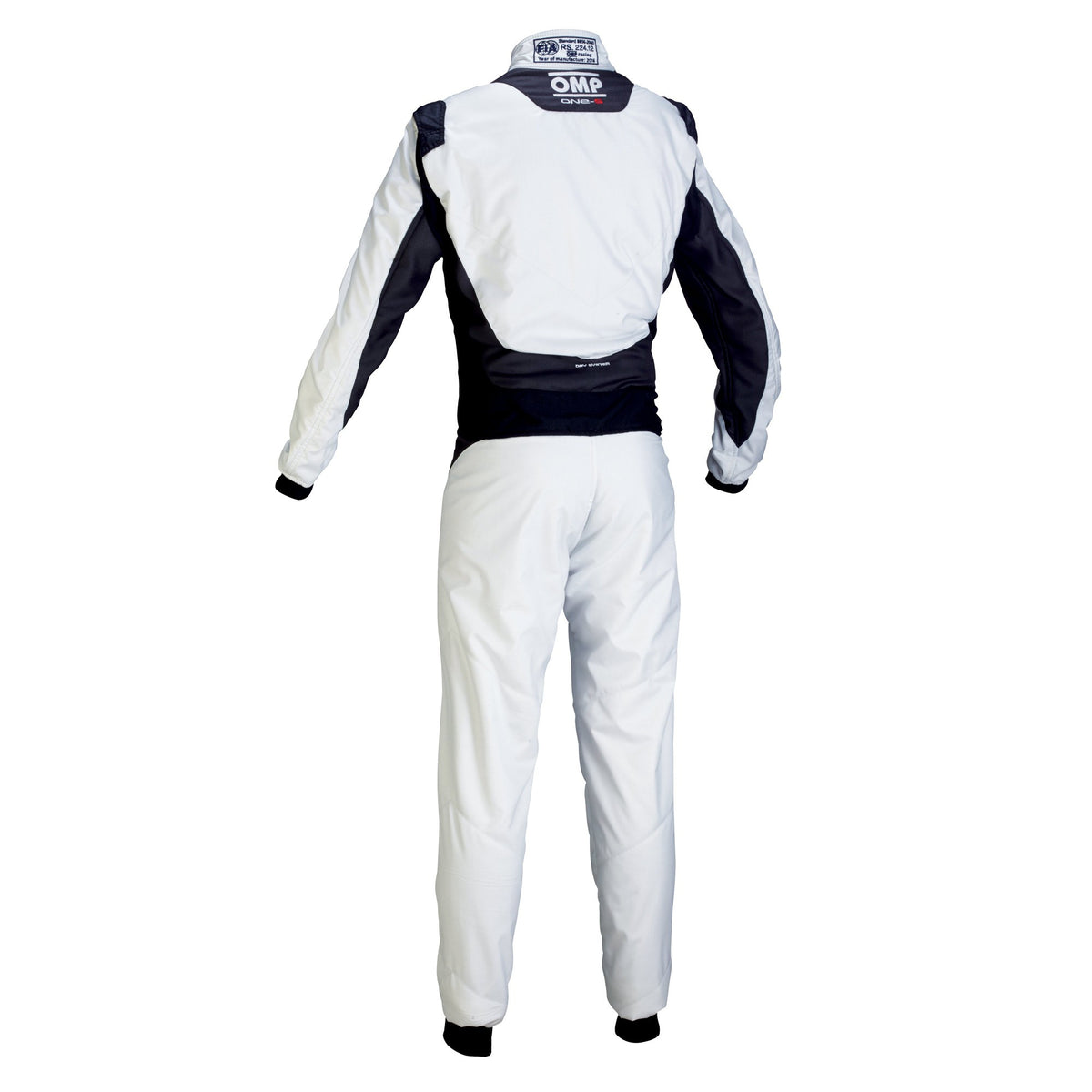 White and black racing suit with OMP branding on a white background