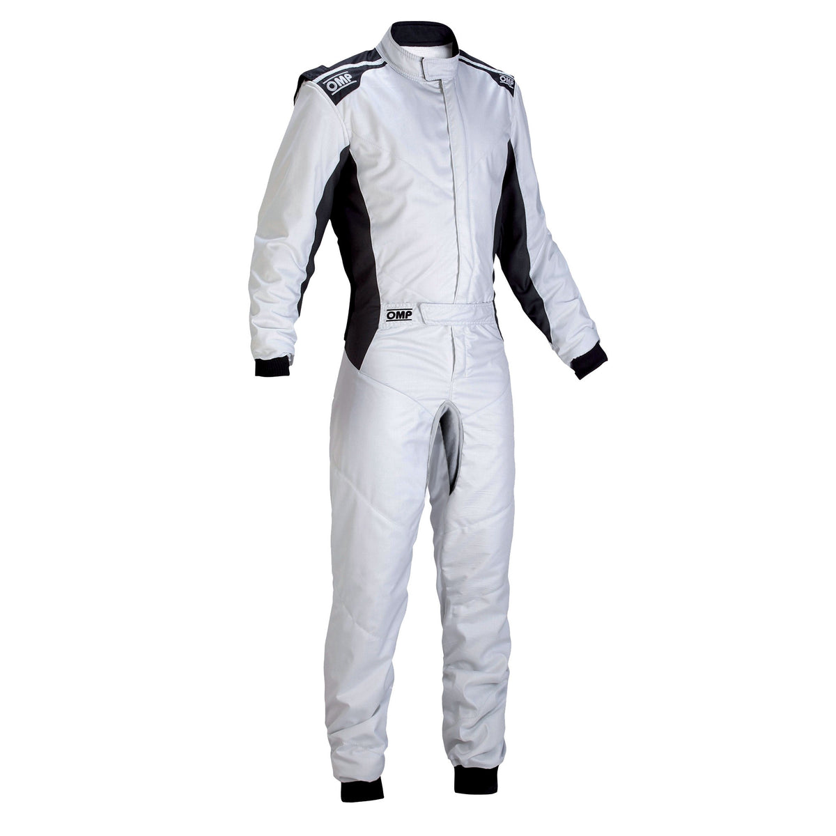 White racing suit with black accents on a white background