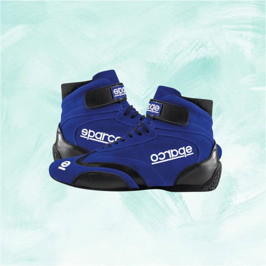 Blue racing boots with 'sparco' branding on a light blue background