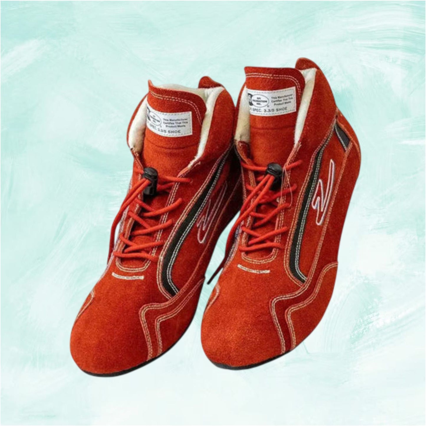 Pair of red racing shoes on a light blue background