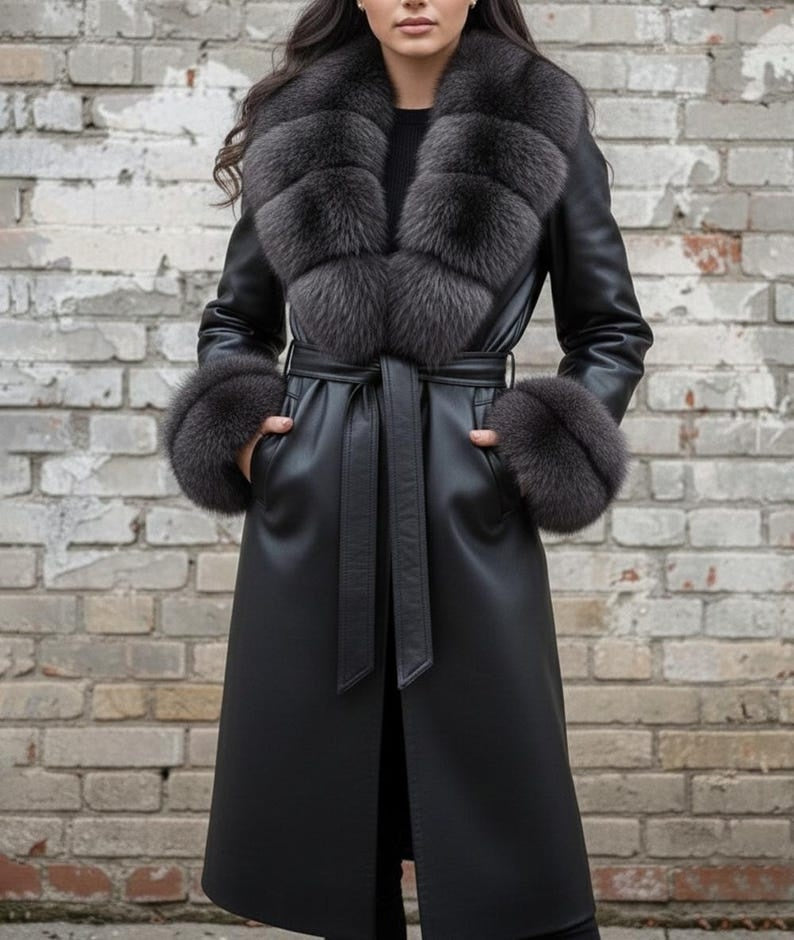 Black Leather Fur Long Coat | Luxury Winter Outerwear