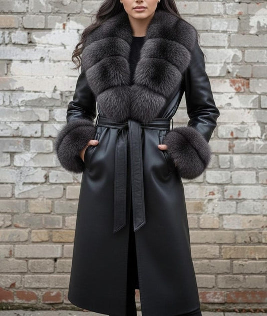 Black Leather Fur Long Coat | Luxury Winter Outerwear