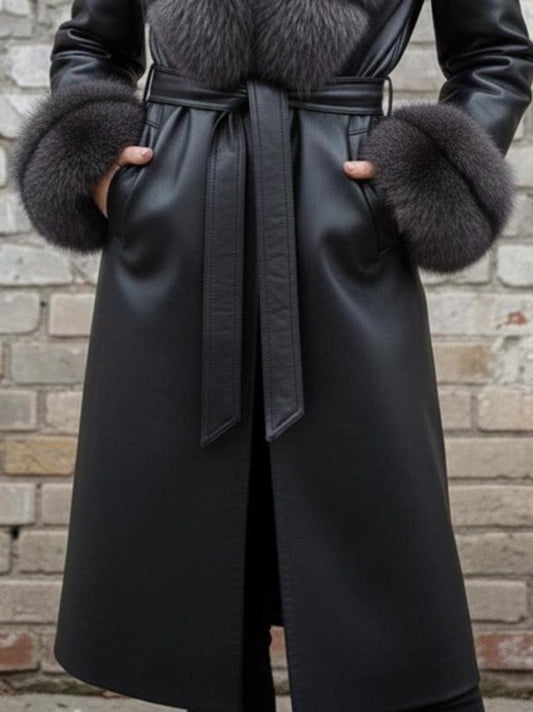 Black Leather Fur Long Coat | Luxury Winter Outerwear