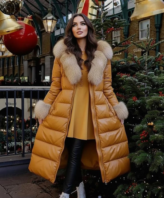 Women Winter Puffer Leather Long Coat Real Fox Fur Warm Coat